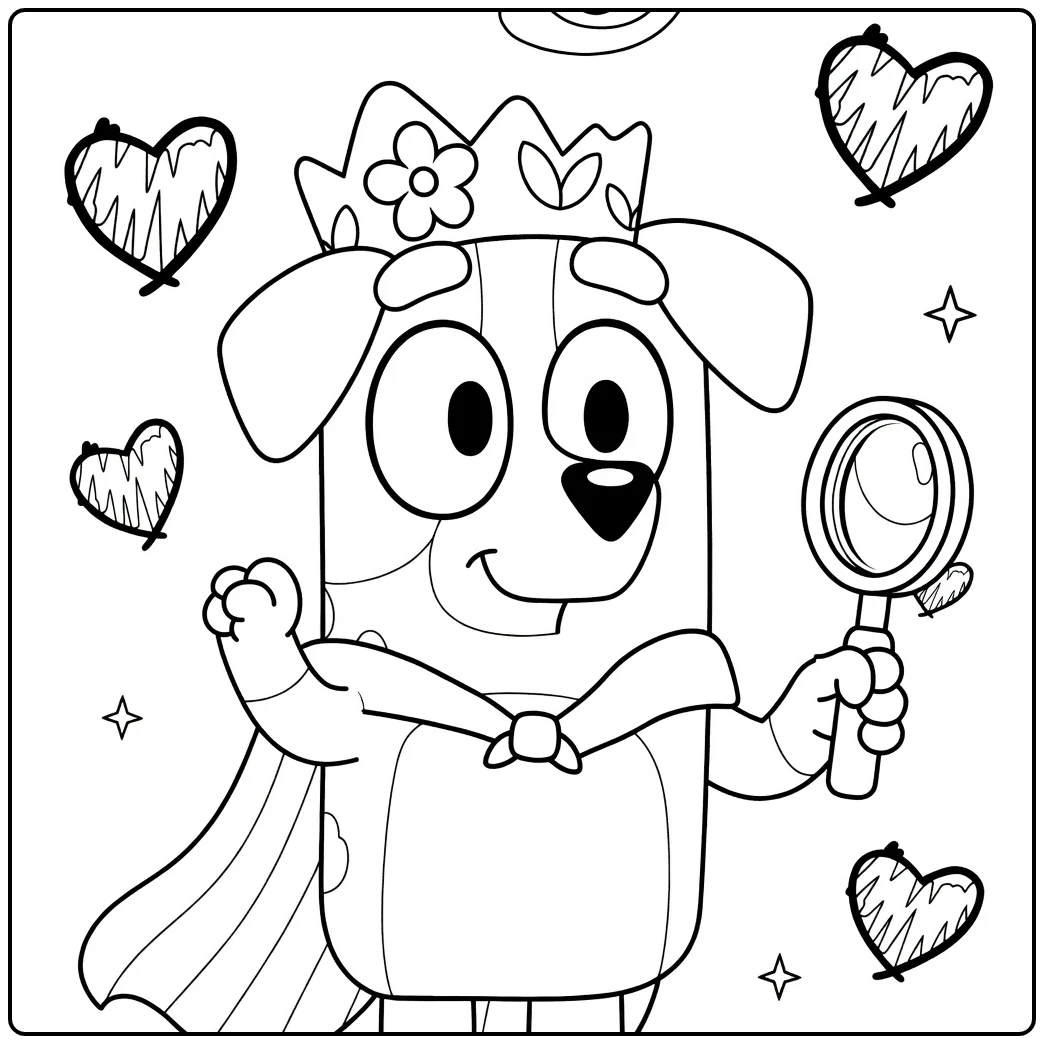Kleurplaat bingo bluey met kroon cape en loep harten