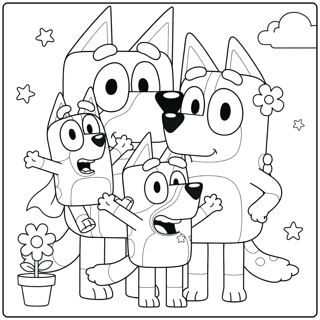 kleurplaat bluey familie knuffelend met cape (47 chars)