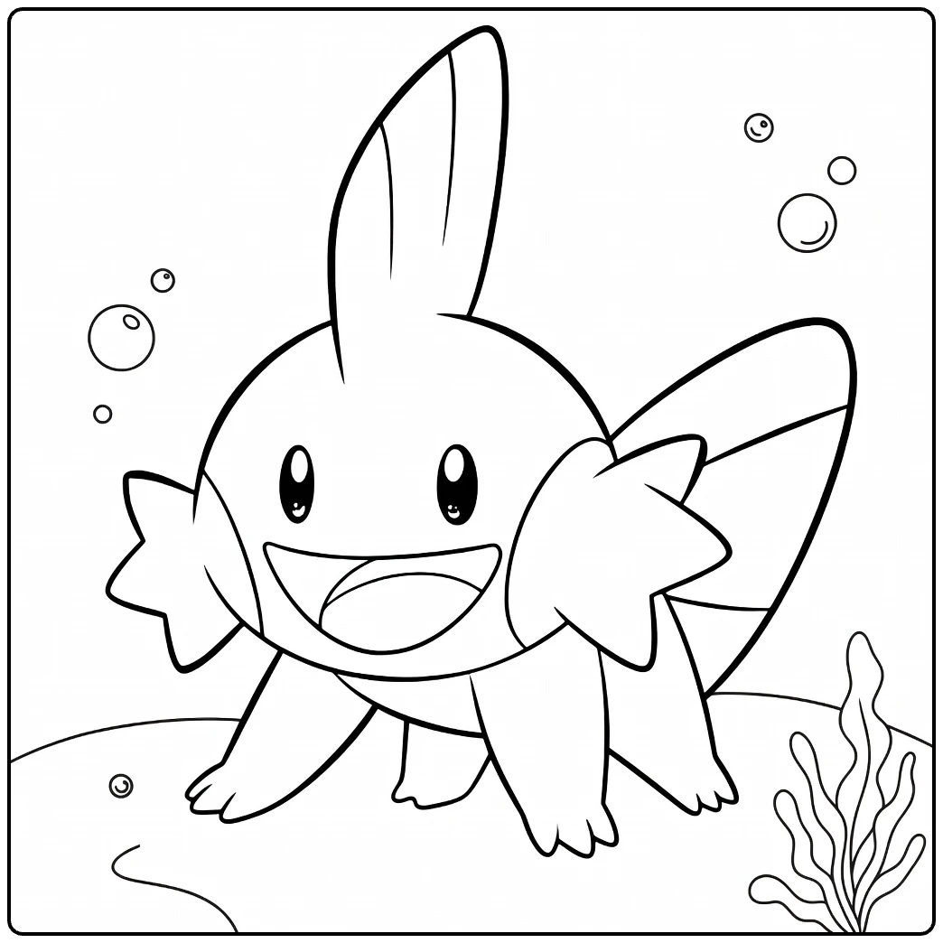 Mudkip Water Pokemon Kleurplaat met bubbels en zeewier