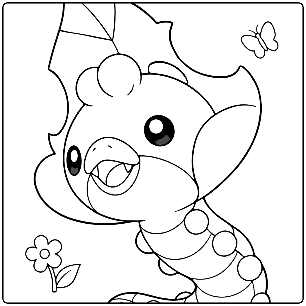 Pokemon Sewaddle kleurplaat met blad, vlinders en bloem