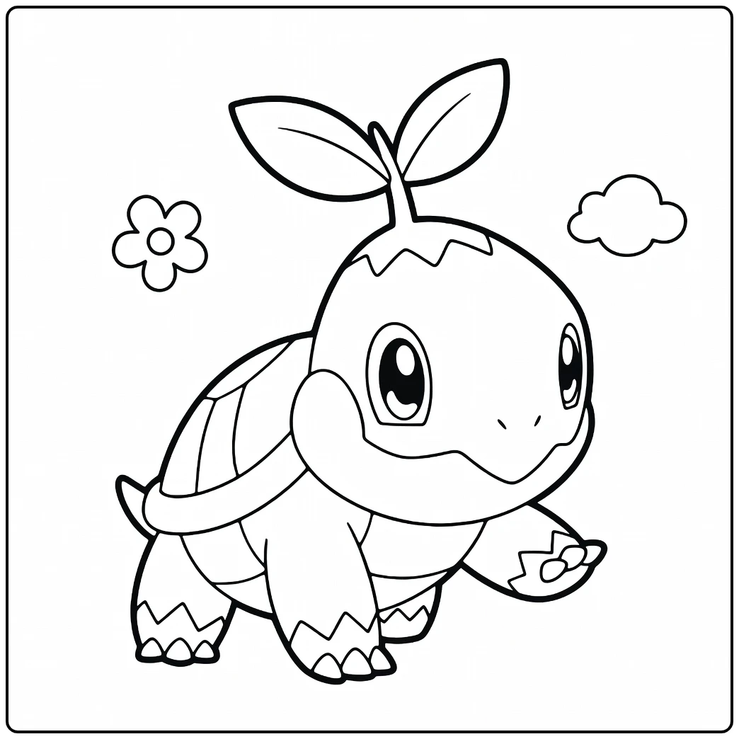 Pokemon Turtwig kleurplaat: schattige schildpad met spruit