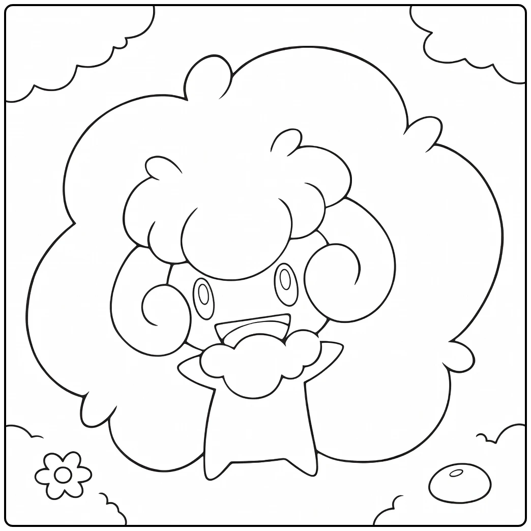 Pokemon Whimsicott kleurplaat met pluizig haar en wolken