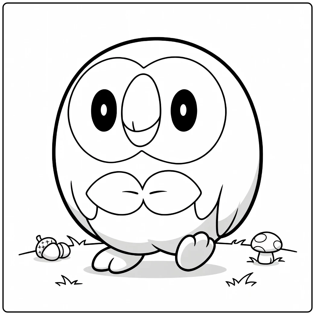 Rowlet Kleurplaat: schattige uil Pokémon met gras en paddenstoelen
