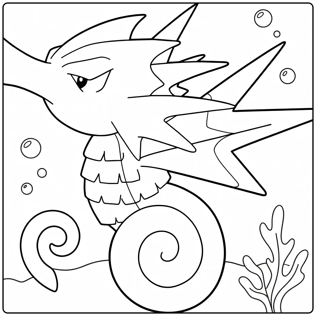 Seadra Water Pokemon Kleurplaat met bellen en zeewier