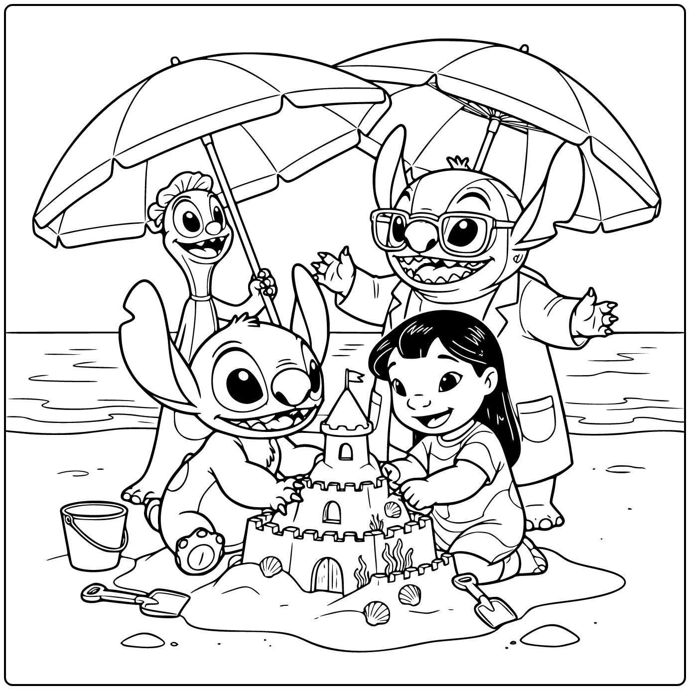 Lilo En Stitch Kleurplaat: Stitch bouwt zandkasteel met Lilo
