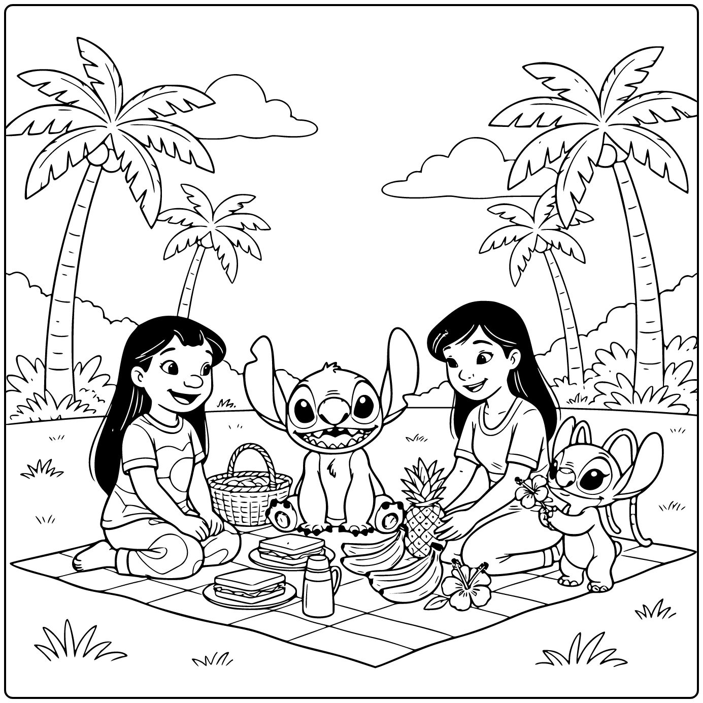 Lilo En Stitch Kleurplaat: Stitch picknickt met Lilo