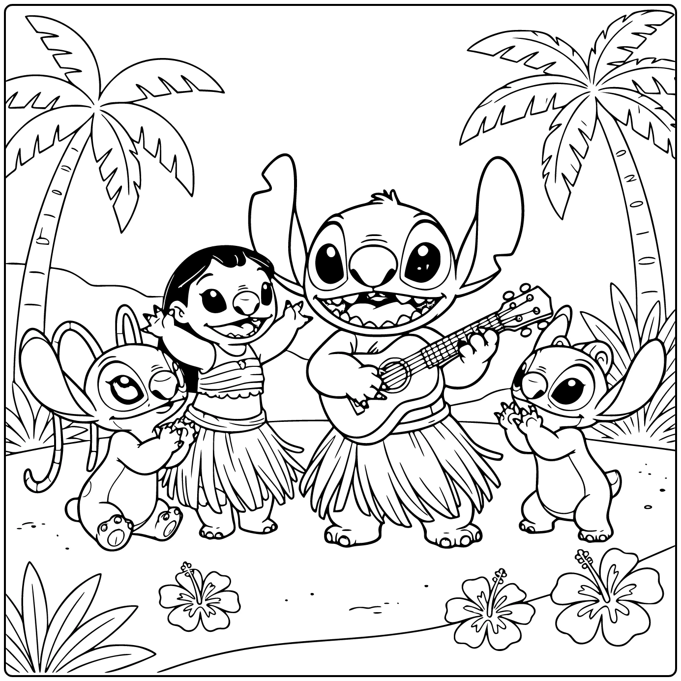 Lilo En Stitch Kleurplaat: Stitch zingt vrolijk met ukulele