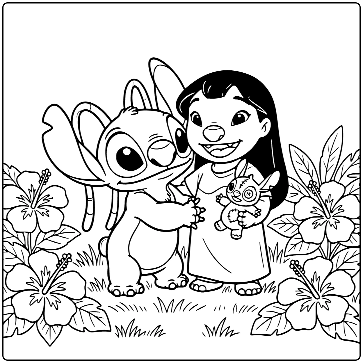 Lilo En Stitch Kleurplaat: Stitch knuffelt Angel met Lilo