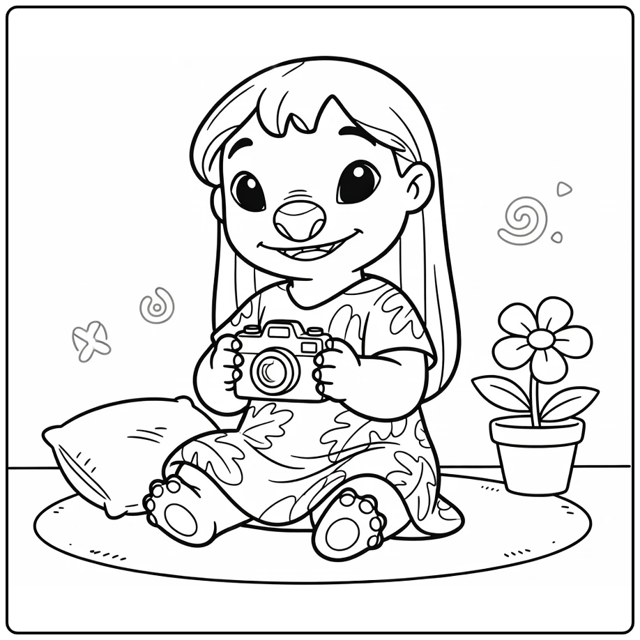 Lilo Stitch Kleurplaat: Lilo met camera in Hawaii jurk