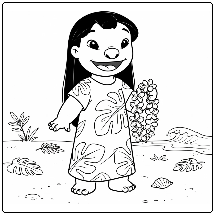Lilo Stitch Kleurplaat: Lilo op strand met lei en bloemen