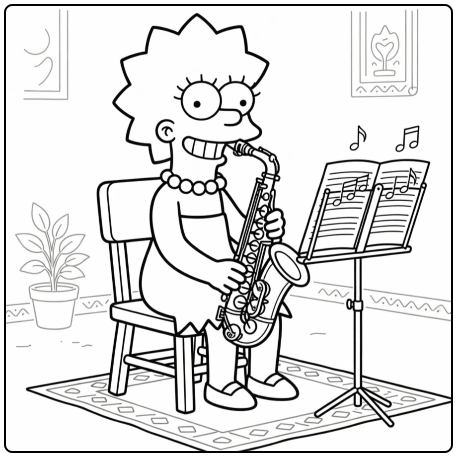 Lisa Simpson Kleurplaat: saxofoon spelend op stoel, blije focus