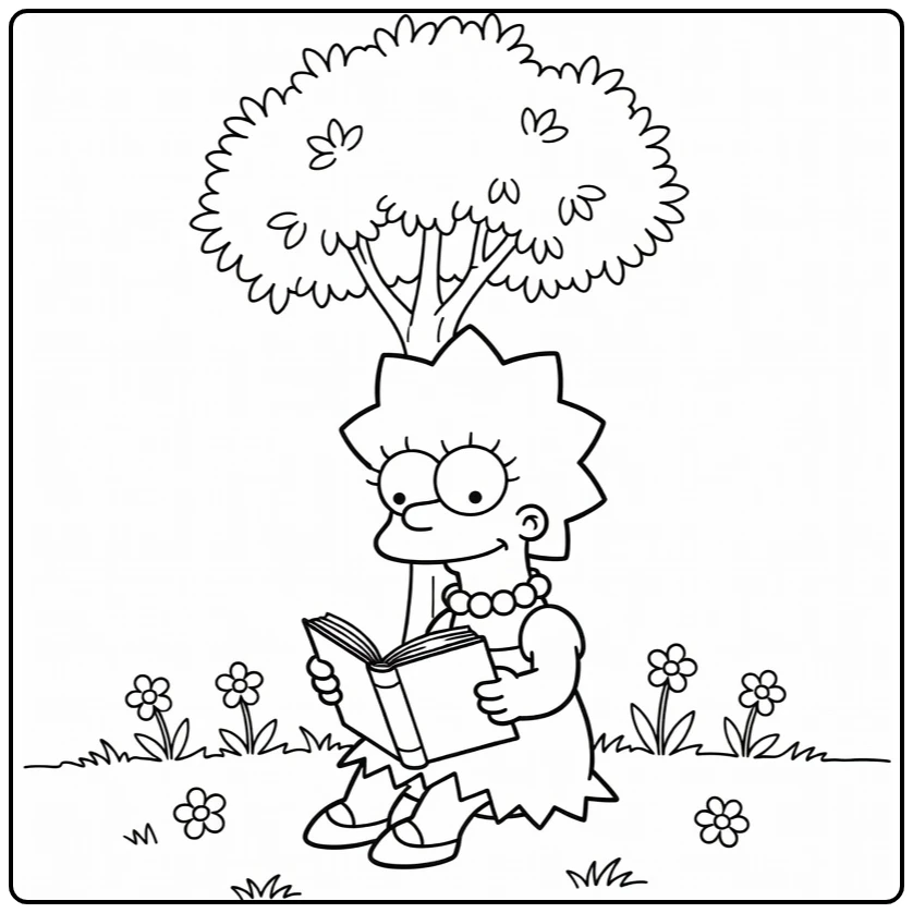 Lisa Simpson Kleurplaat: leest boek onder boom met glimlach