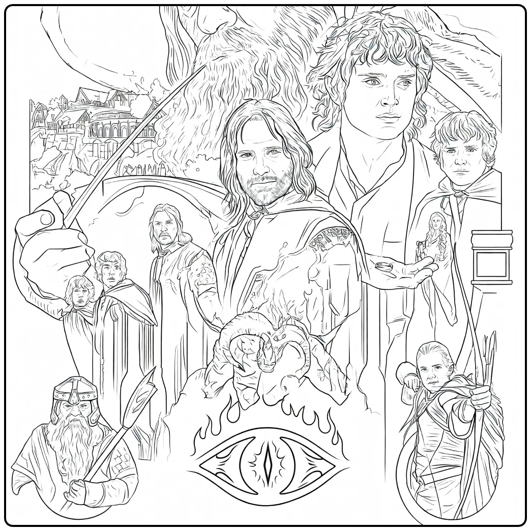 lord of the rings kleurplaat heroïsche groep met wapens
