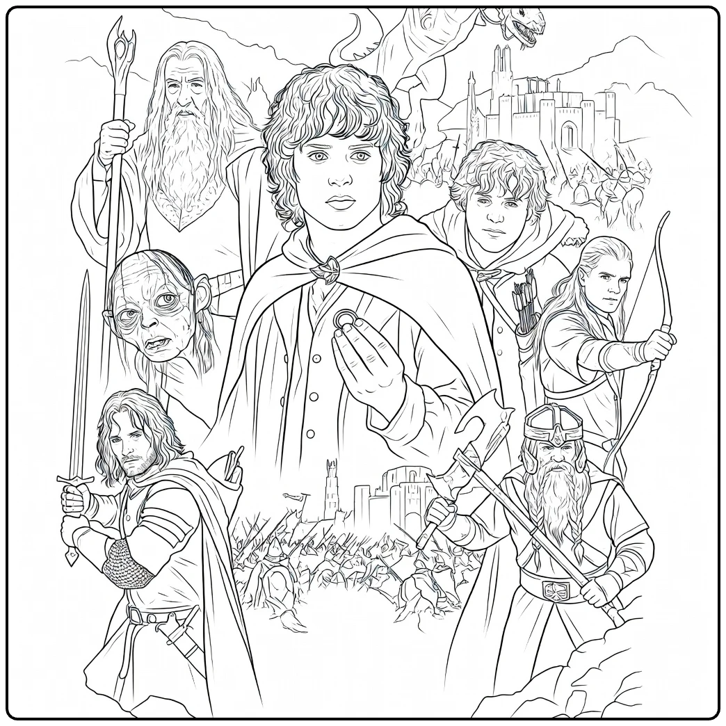 Lord of the Rings kleurplaat: tovenaar met ring en helden