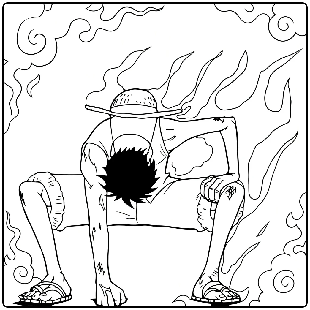 luffy Gear 2 kleurplaat in hurkpose met stoomwolken