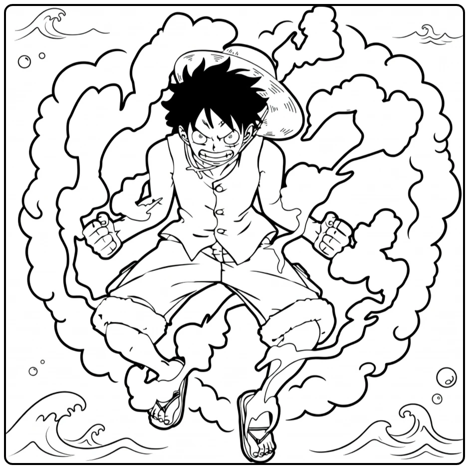 luffy Gear 2 kleurplaat: stoomende actie met golven
