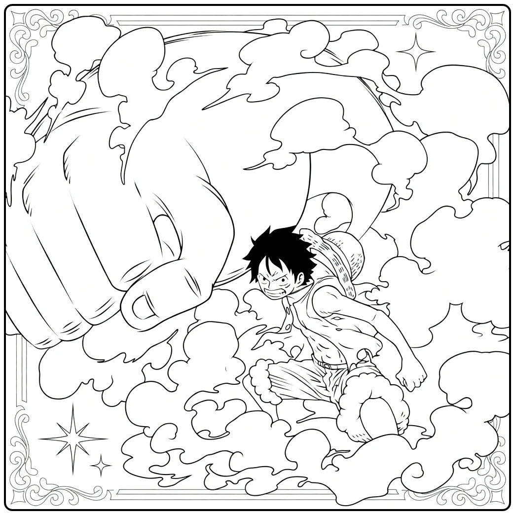 luffy Gear 3 kleurplaat: reusachtige vuist en wolken