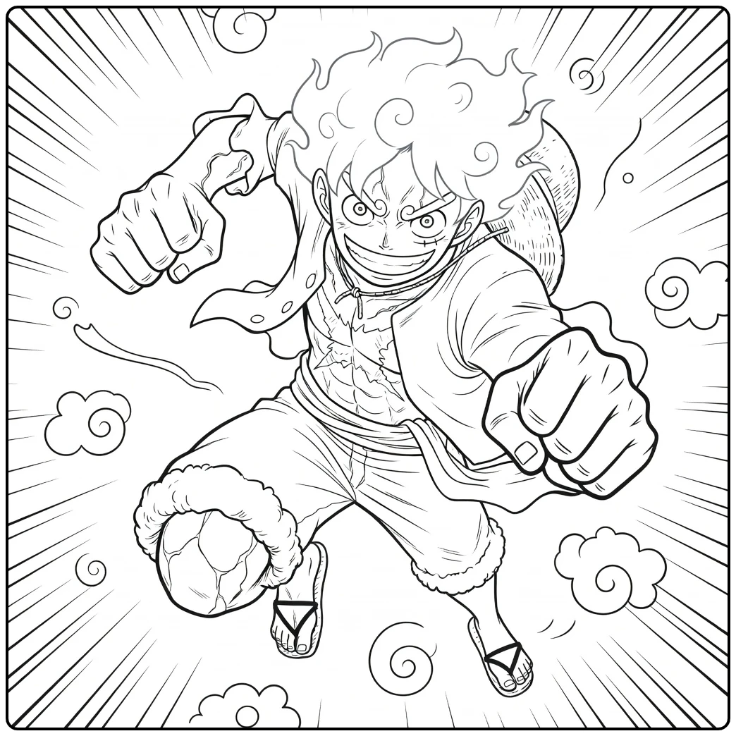 luffy Gear 5 kleurplaat met dynamische pose en wolken