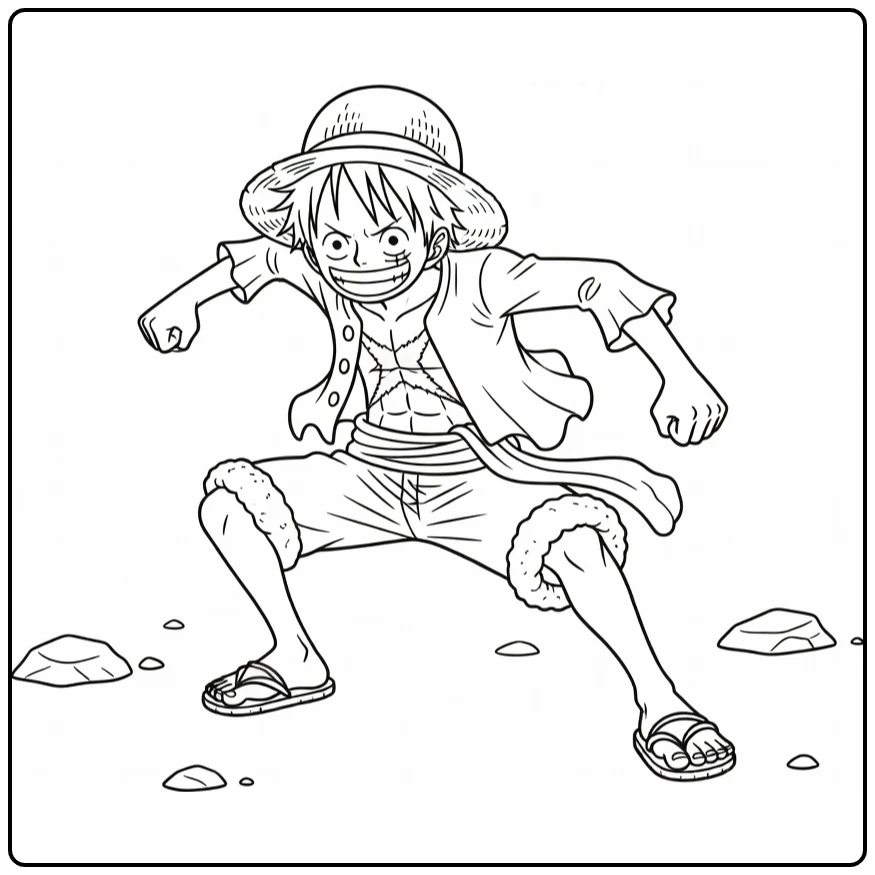 Luffy kleurplaat: gehurkt in speelse vechtpose met grijns