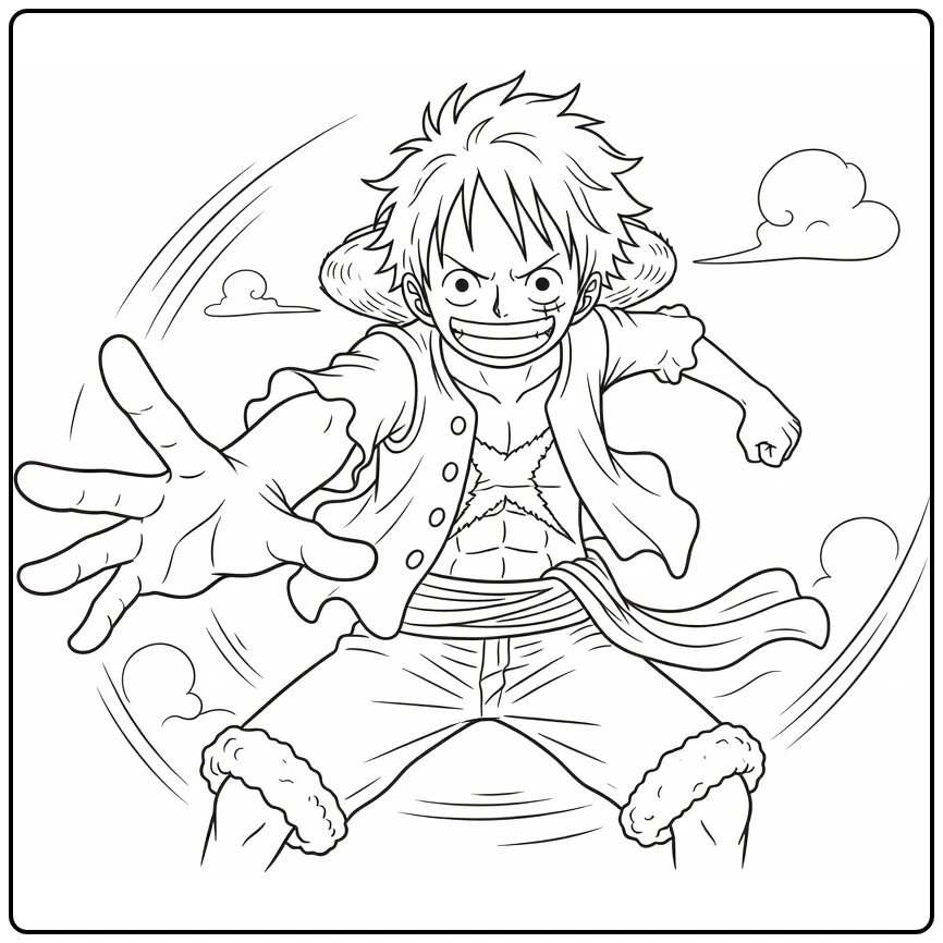 Luffy kleurplaat: arm uitgestrekt naar kijker, wapperend vest