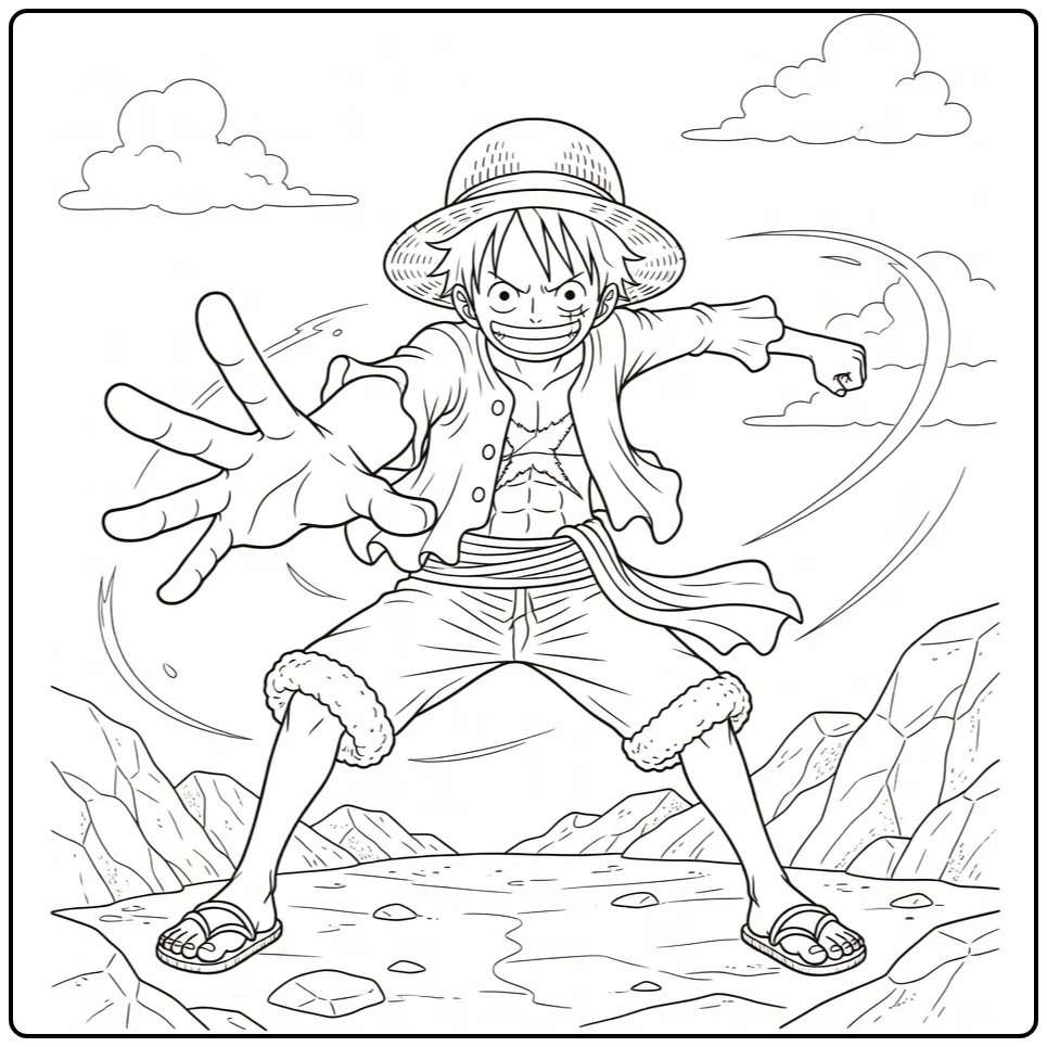 Luffy kleurplaat: Luffy in actie, arm vooruit, strohoed