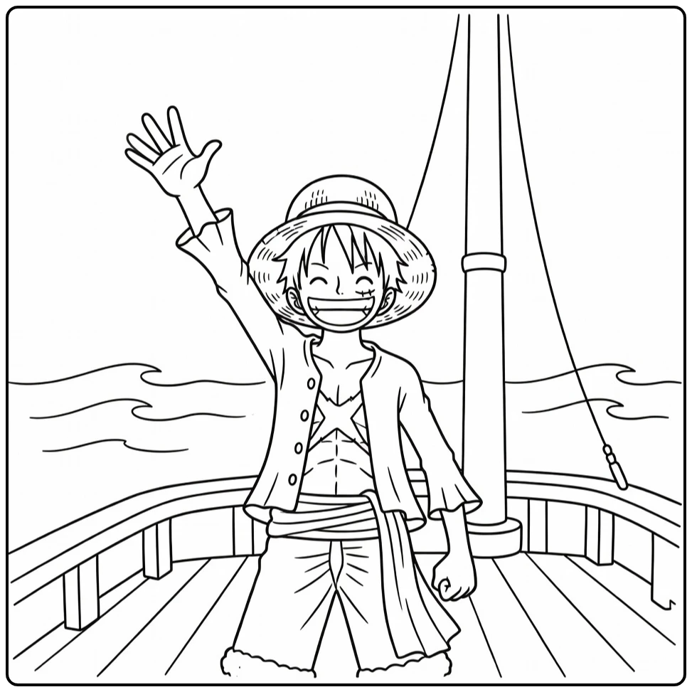 Luffy kleurplaat: zelfverzekerde Luffy op piratenschipdek