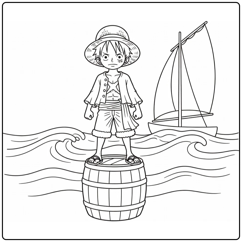 Luffy kleurplaat: dappere Luffy op vat, kijkt naar horizon met zeil en golven