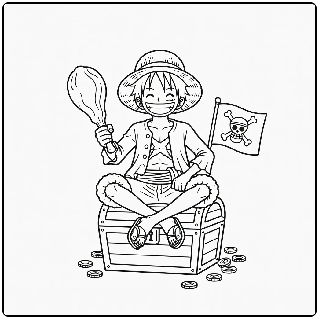 Luffy kleurplaat: kruisbeengezeten op schatkist met vlees, lachend