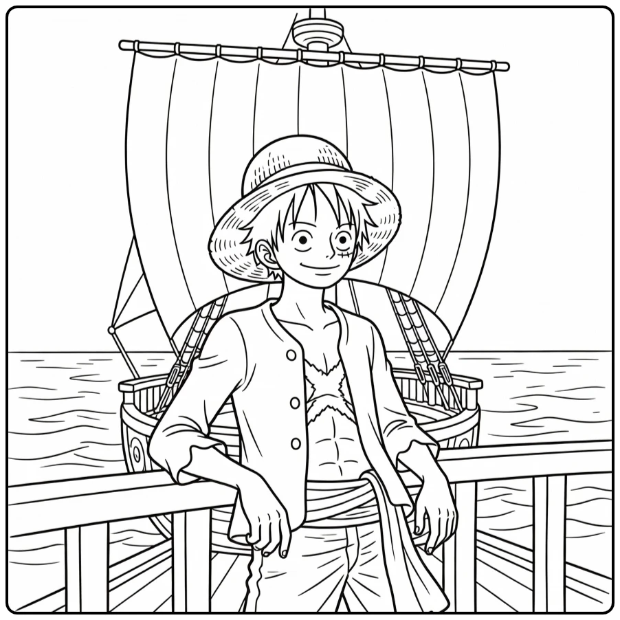Luffy kleurplaat: Luffy leunt relaxed tegen scheepsreling, glimlachend in verte