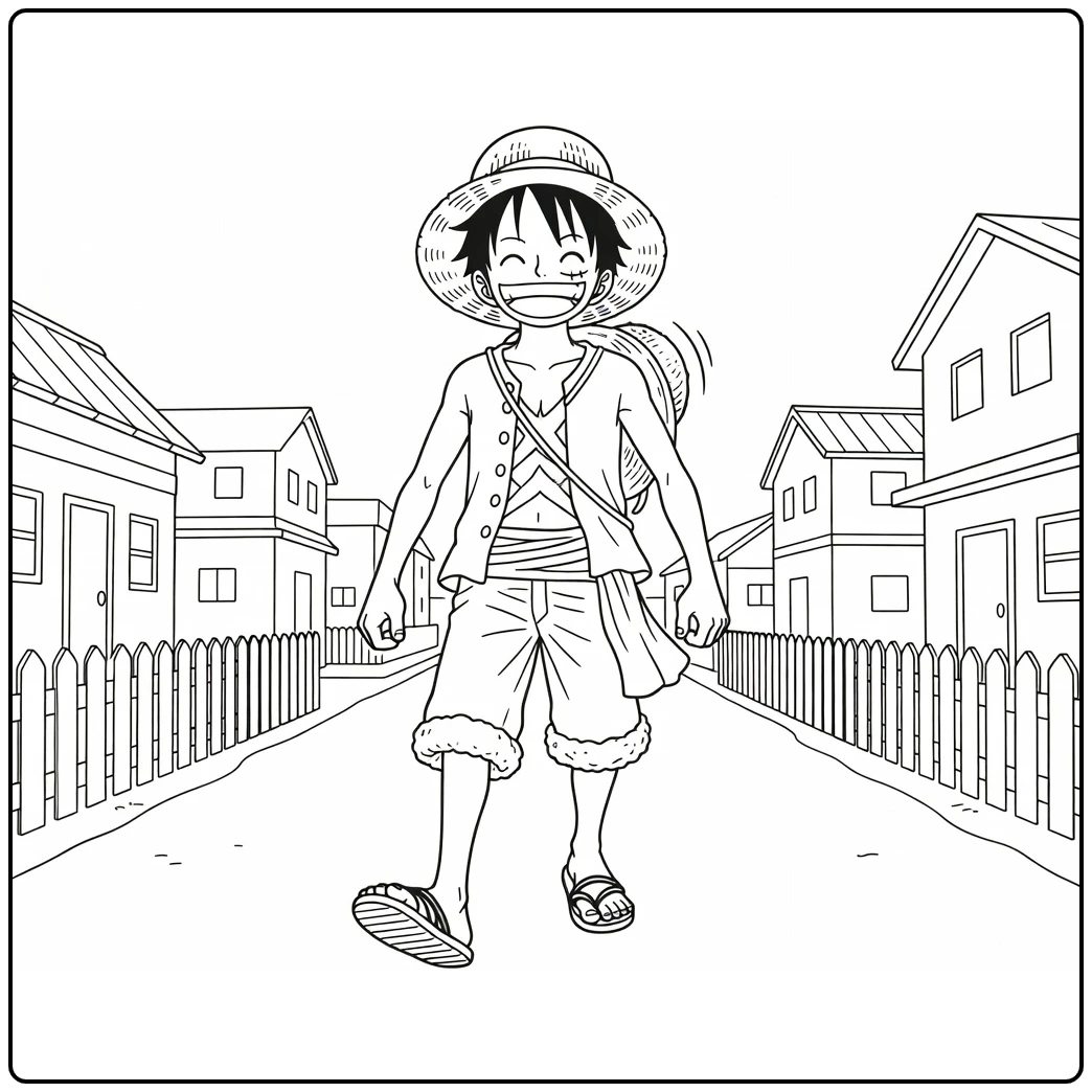 Luffy kleurplaat: Luffy lacht op rustige dorpsstraat