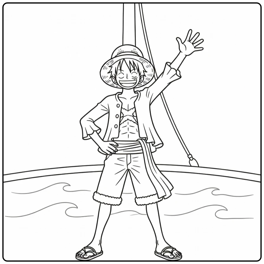 Luffy kleurplaat: Luffy op scheepsdek zwaait vrolijk