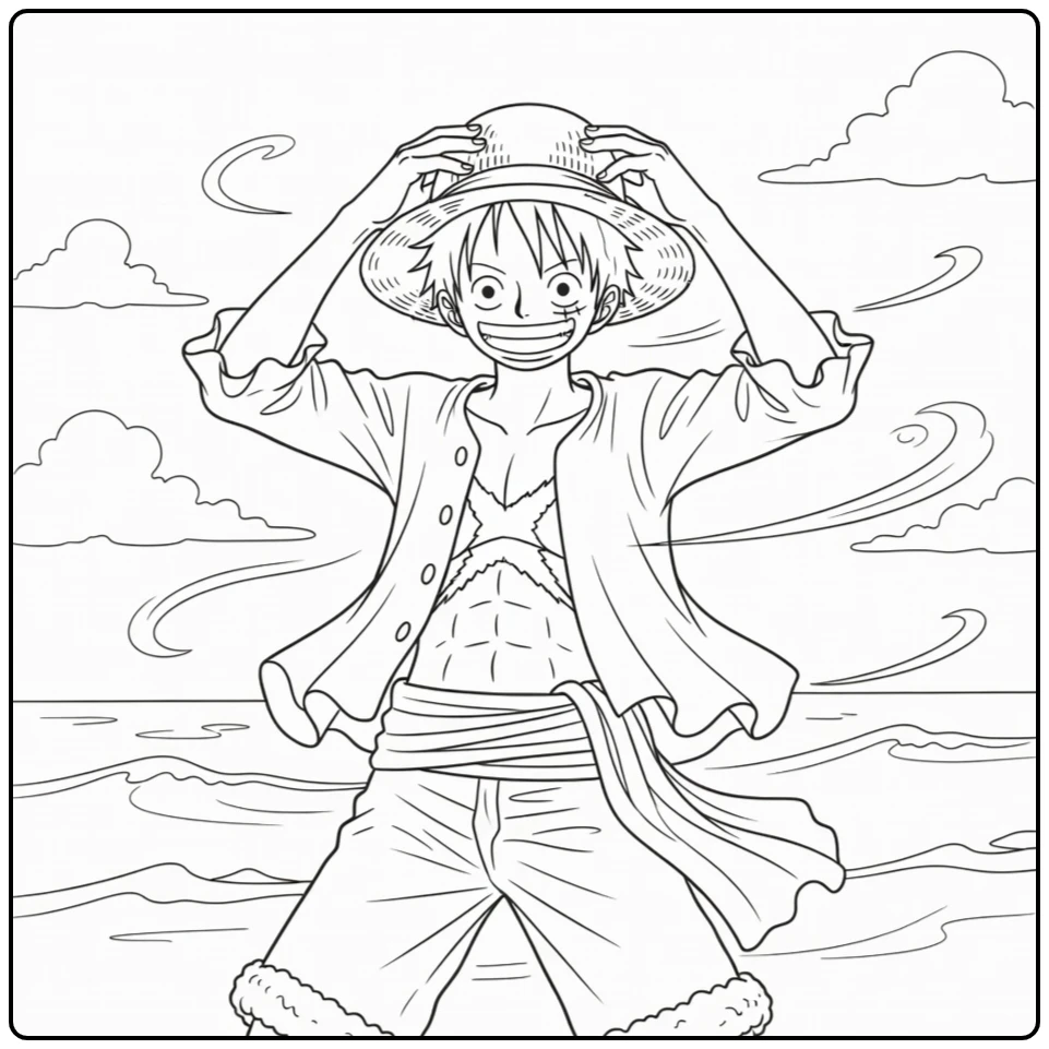 Luffy kleurplaat: houdt strohoed vast in wind met wolken