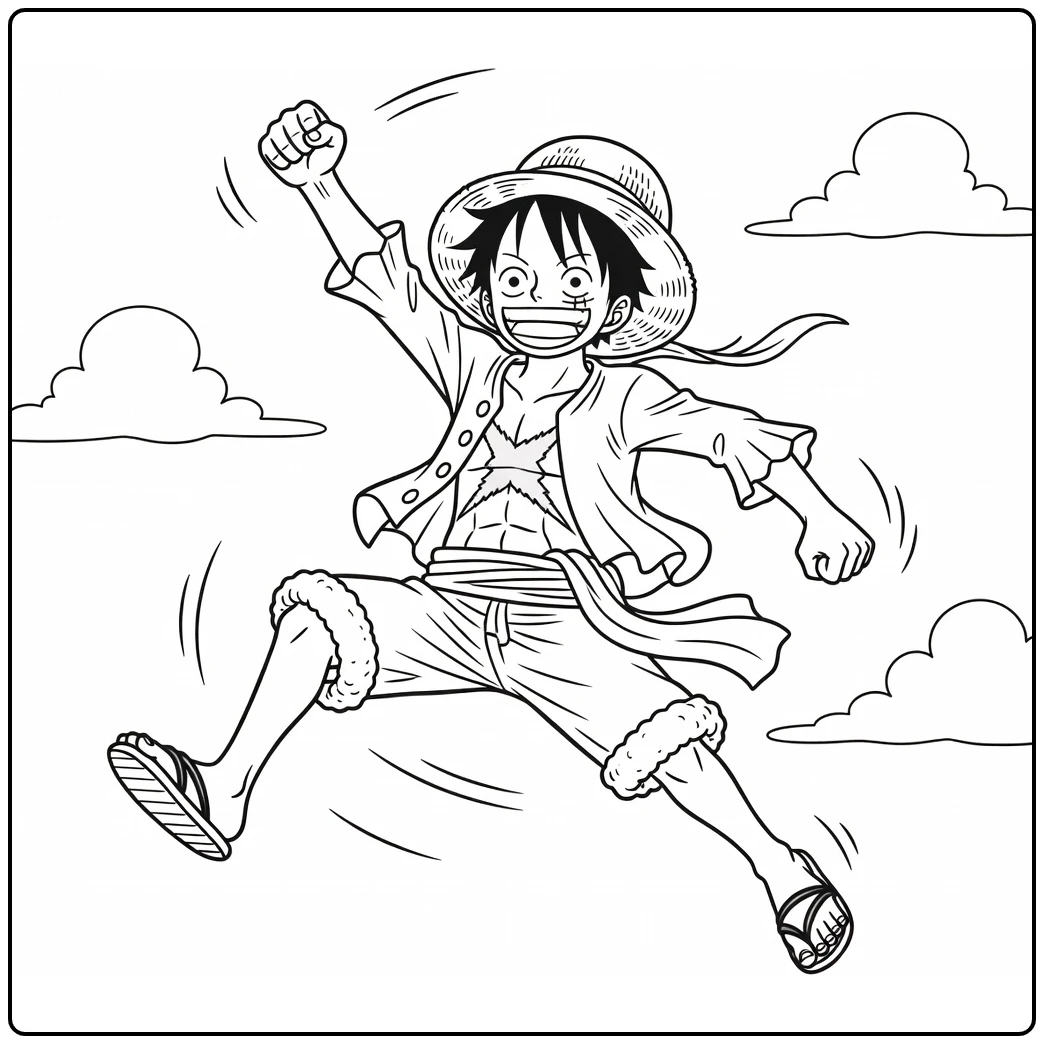 Luffy kleurplaat: Luffy springt hoog met vuist omhoog, strohoed