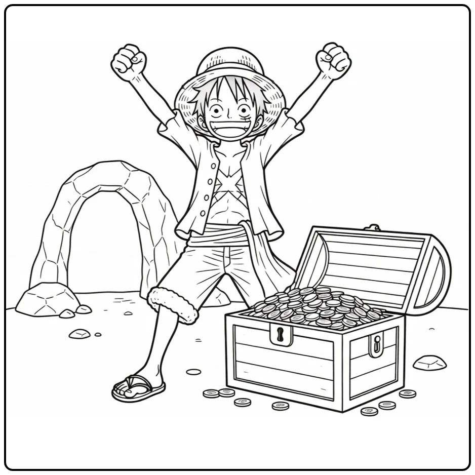 Luffy kleurplaat: Luffy juicht met armen omhoog bij schatkist