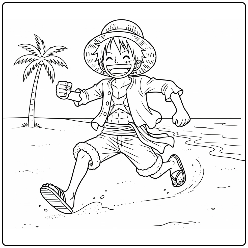 Luffy kleurplaat: lachende Luffy rent op strand met zandwolken