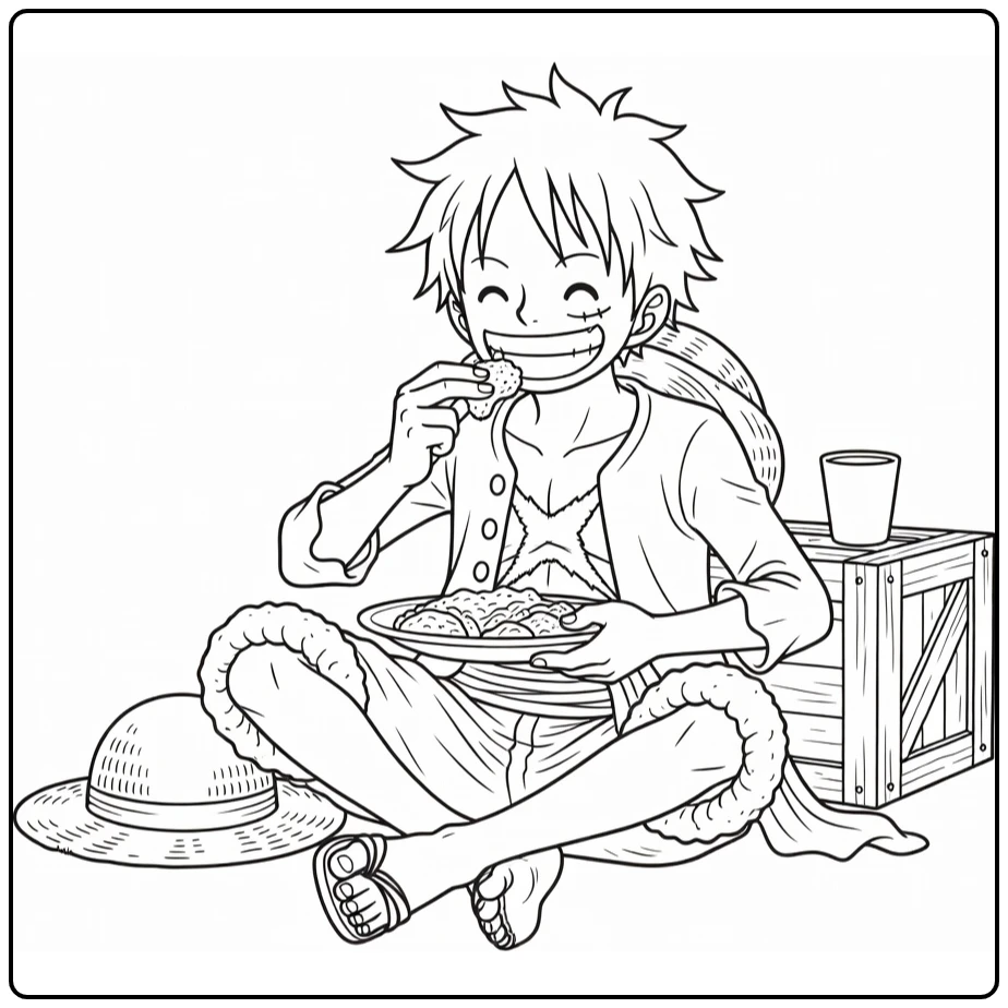 Luffy kleurplaat: Luffy eet blij op grond met hoed