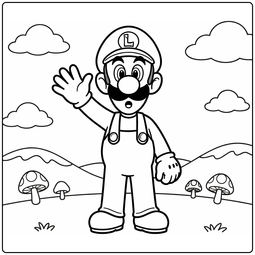 luigi kleurplaat: zwaaiende luigi met paddenstoelen en wolken