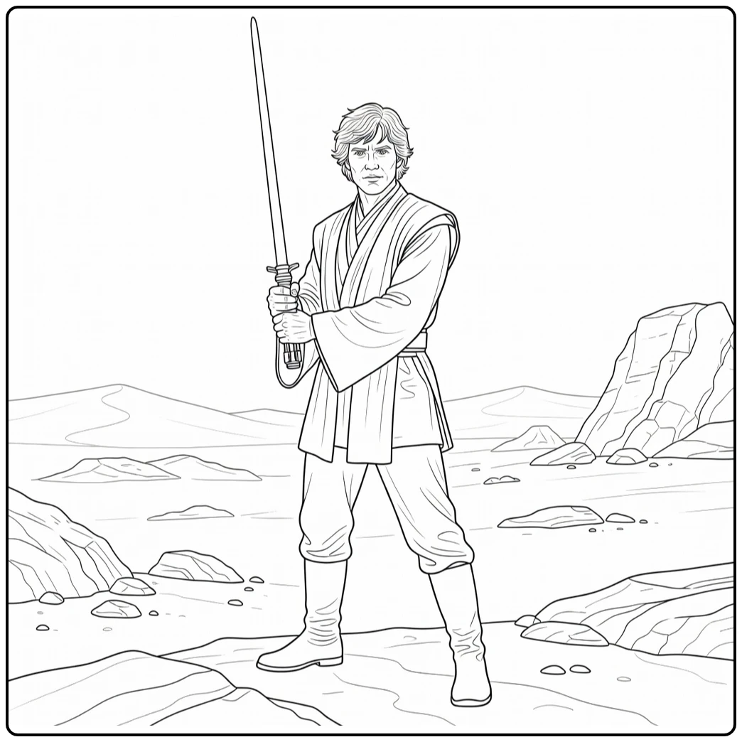 Luke Skywalker Kleurplaat heroïsch op Tatooine met lichtzwaard