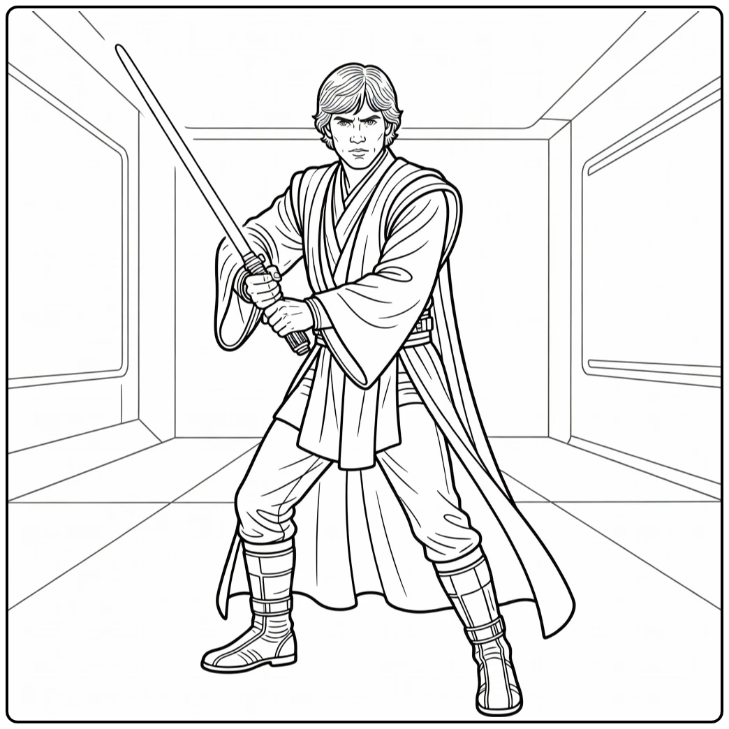 Luke Skywalker Kleurplaat: lichtzwaardtraining in futuristische gang