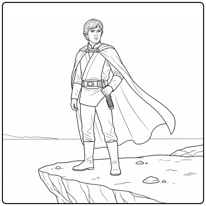 Luke Skywalker Kleurplaat: nadenkend bij rotsklif met lightsaber