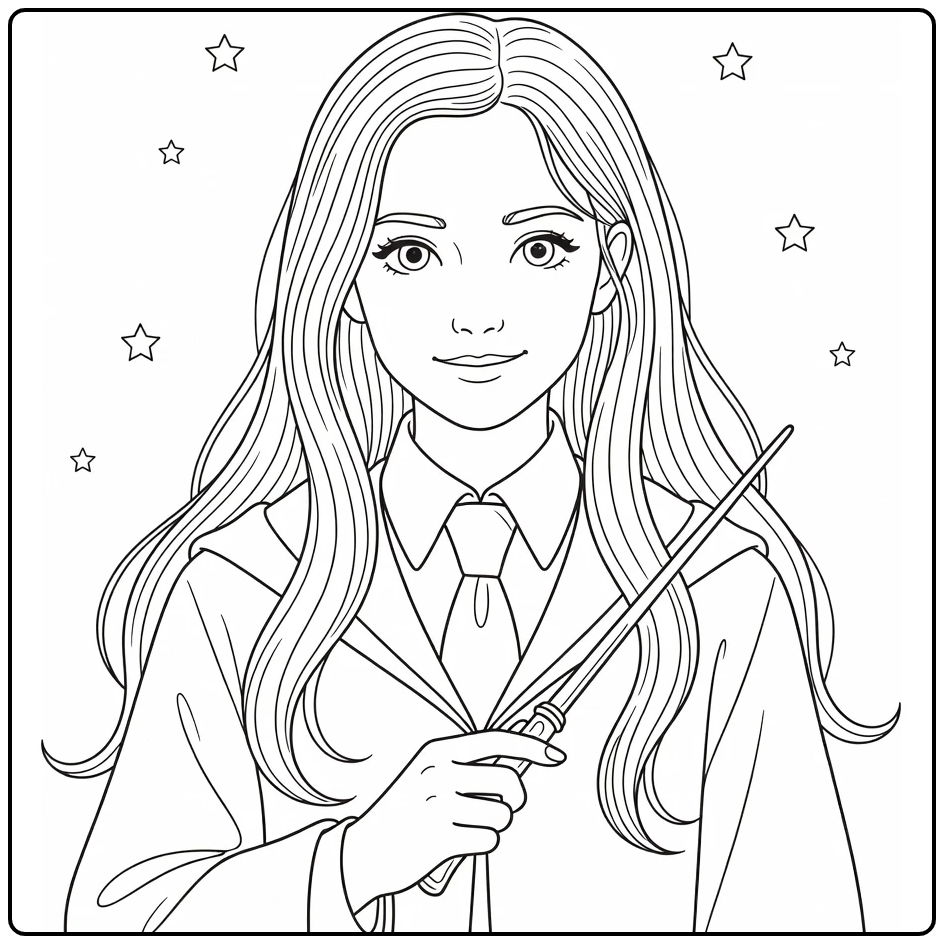 Luna Lovegood Kleurplaat met dromerige ogen en toverstaf