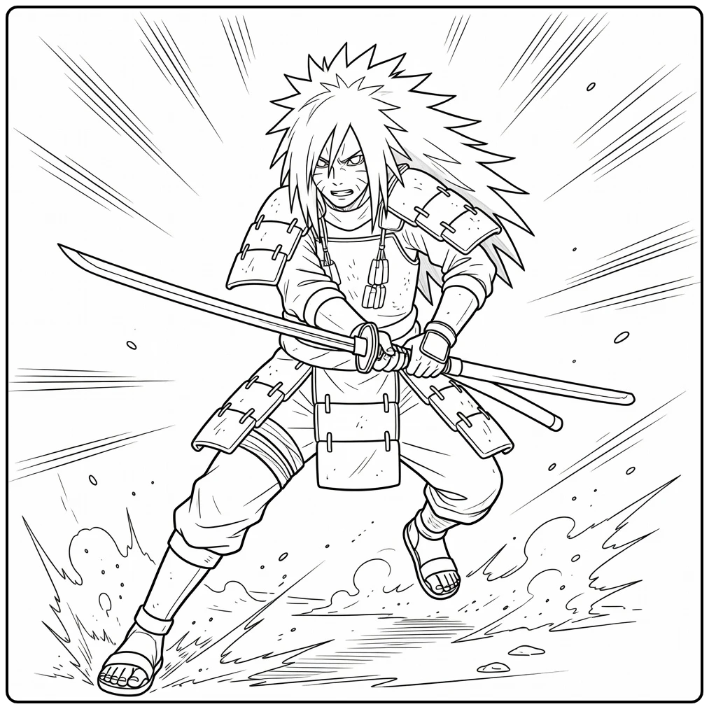 Madara Kleurplaat: Uchiha stapt vooruit met wapen en pantser