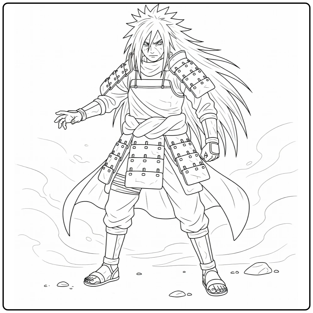 Madara Kleurplaat: Uchiha in krachtige krijgerpose met pantser