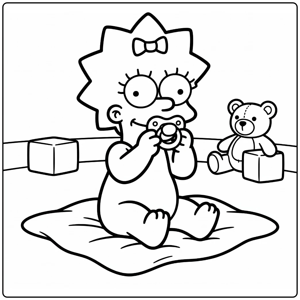 Maggie Simpson Kleurplaat met speen, dekentje en teddybeer