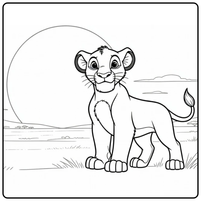 Simba kleurplaat: leeuw naast grote zon op savanne