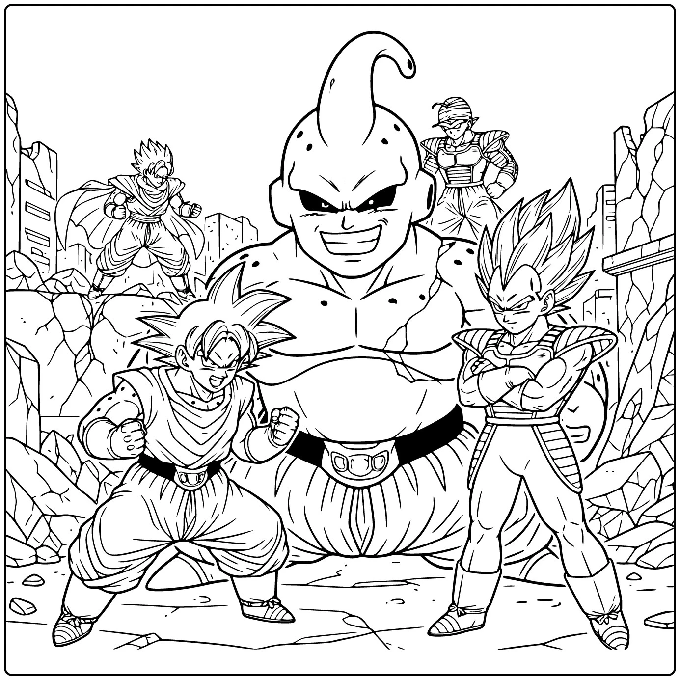 Dragon Ball Z kleurplaat Majin Buu grijnst naar Goku Vegeta