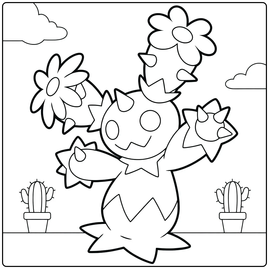 Maractus Kleurplaat: dansende cactus Pokémon met bloemen