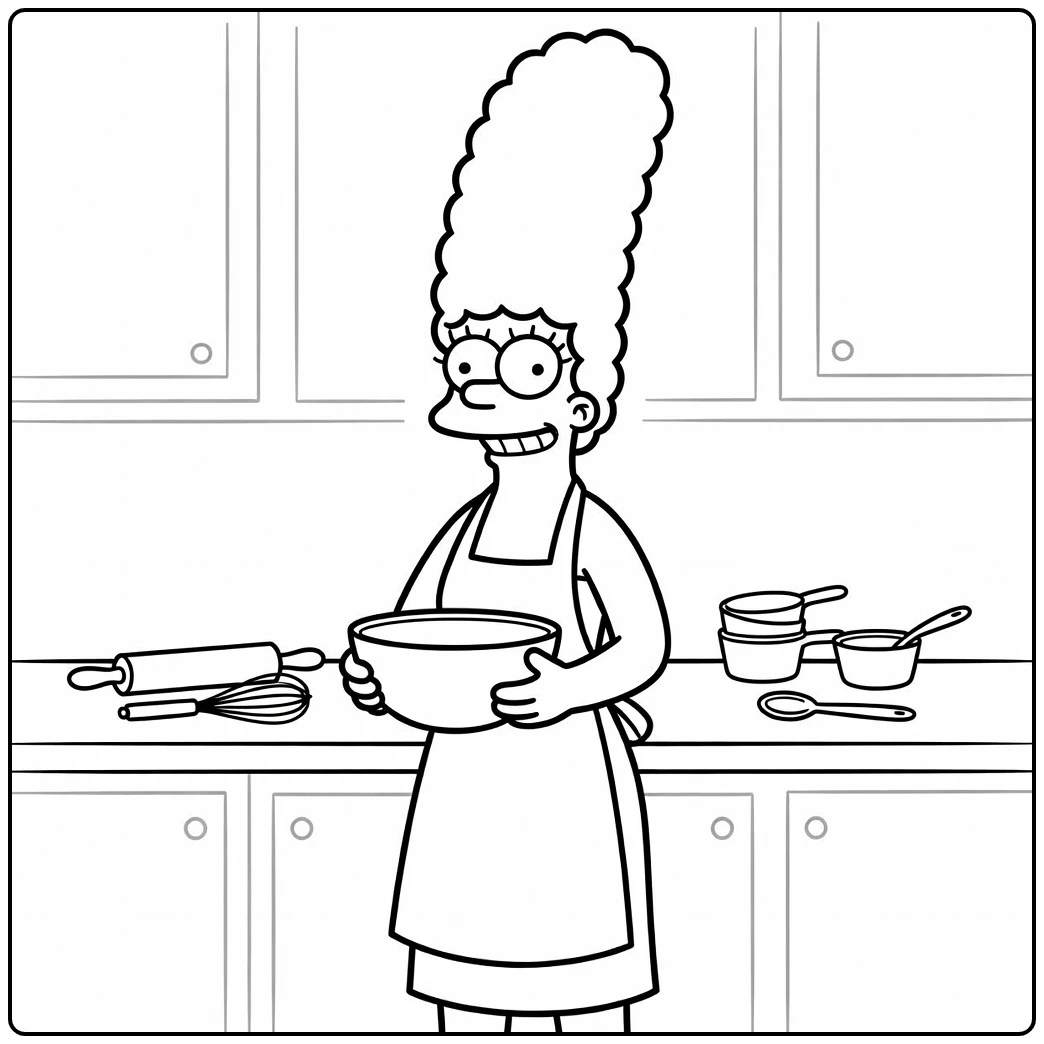 Marge Simpson Kleurplaat: in keuken met mengkom en schort