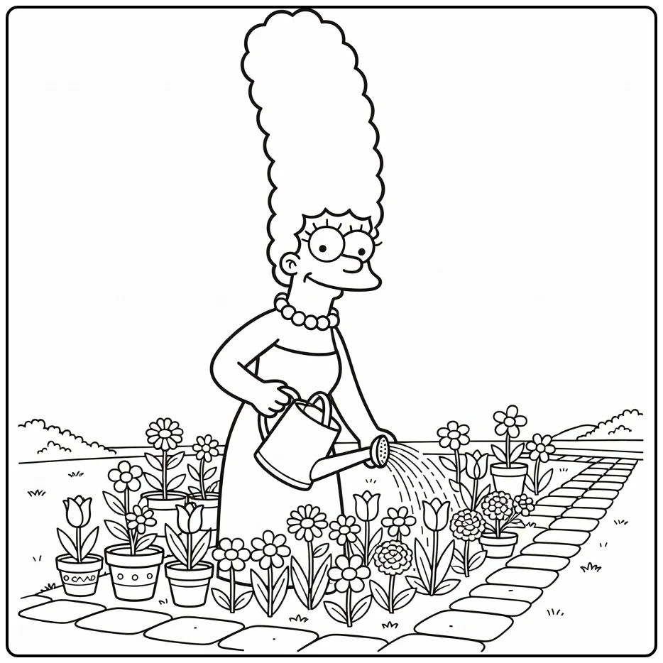 Marge Simpson Kleurplaat: Marge giet bloemen met glimlach