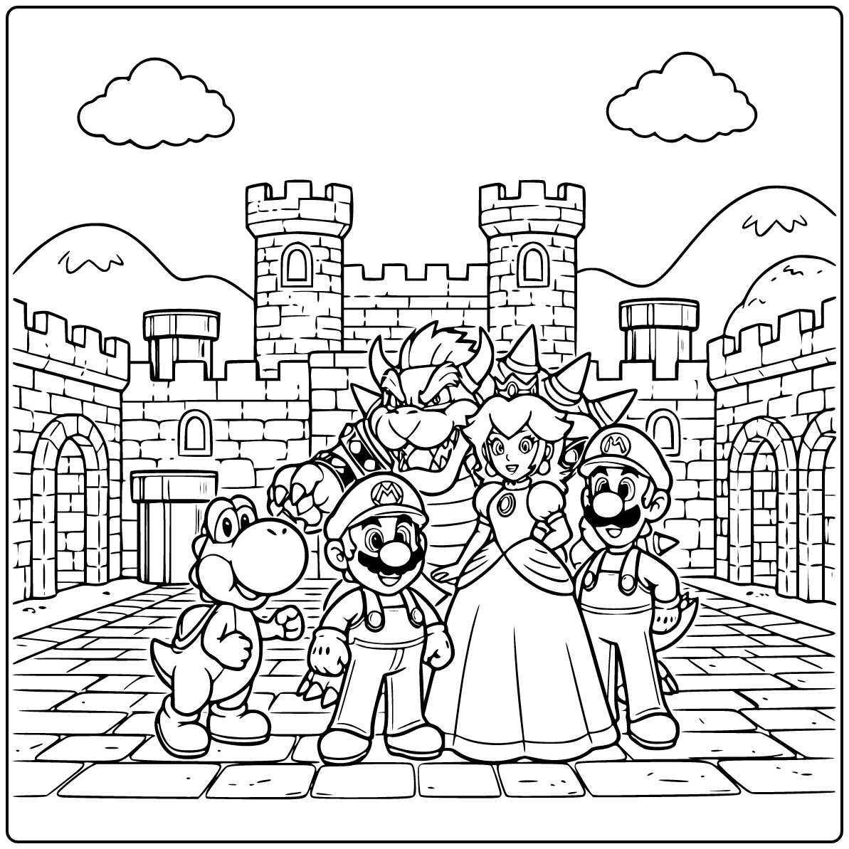 Game kleurplaat Mario, Luigi, Peach, Yoshi, Bowser in kasteel